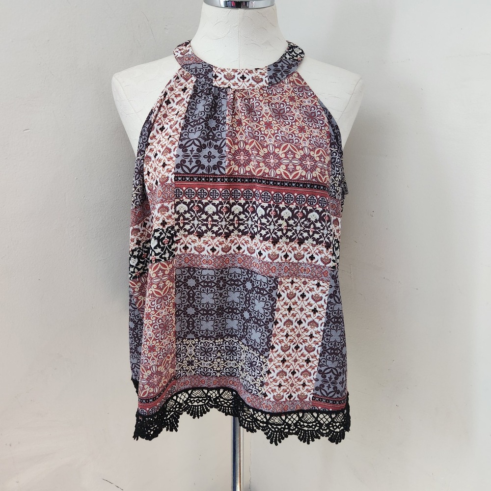 Elodie Womens Large Halter Neck Patchwork Print Crochet Lace Trim Blouse